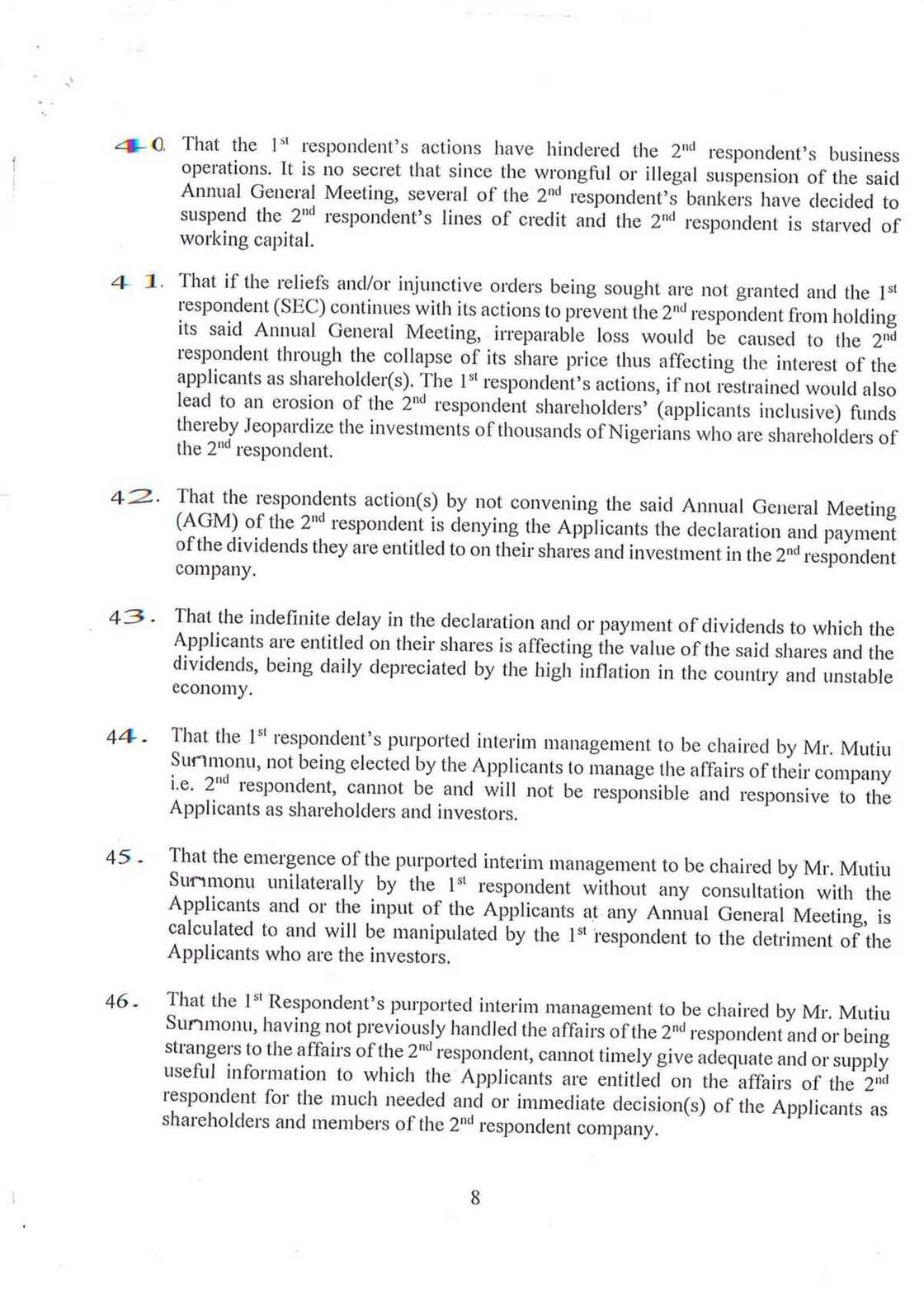 Oando shareholders have taken SEC to court to challenge penalties against Oando in May 31st letter