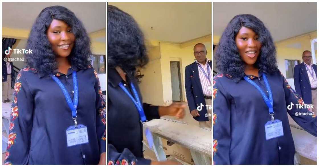 Male lecturer, female student dancing Male lecturer, female student dancing