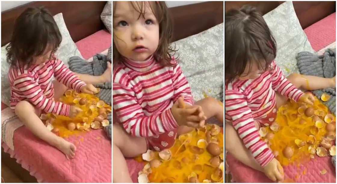 Photos of a girl playing with broken eggs.