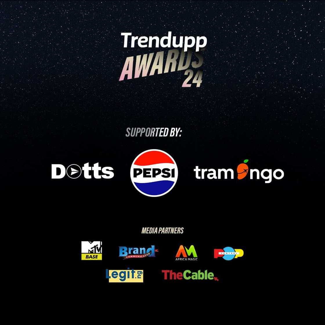 Partners, Sponsors, Supported by, Pepsi, Tramango, Legit.ng, Brand Communicator, Pop Central, The Cable, Africa Magic, MTV Base