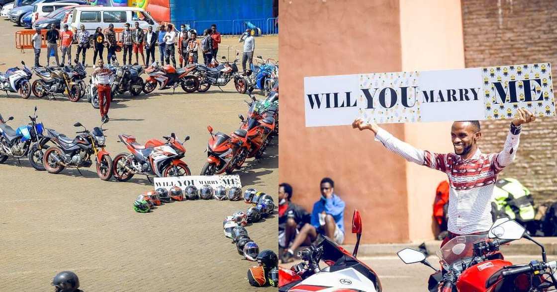 Nduthi gang: Lovestruck man stops business at Garden City to propose to lover using numerous motorbikes Nduthi gang: Lovestruck man stops business at Garden City to propose to lover using numerous motorbikes