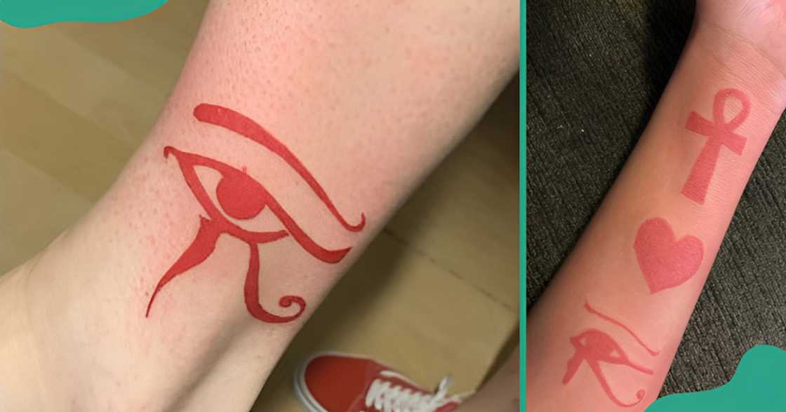 Red ink Eye of Horus tattoos on a leg and an arm Red ink Eye of Horus tattoos on a leg and an arm
