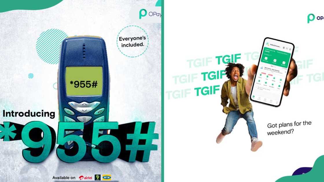 A phone displaying Opay USSD code (L) and a cheerful man displaying his phone (R) A phone displaying Opay USSD code (L) and a cheerful man displaying his phone (R)