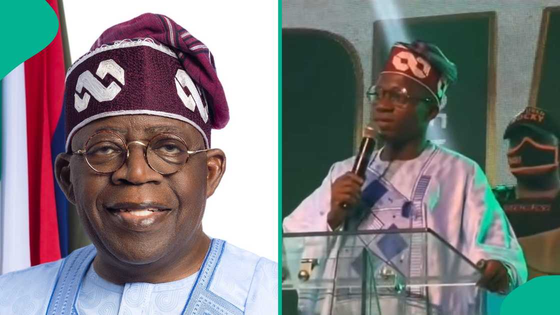 Comedian Busymouth imitates Tinubu on stage.