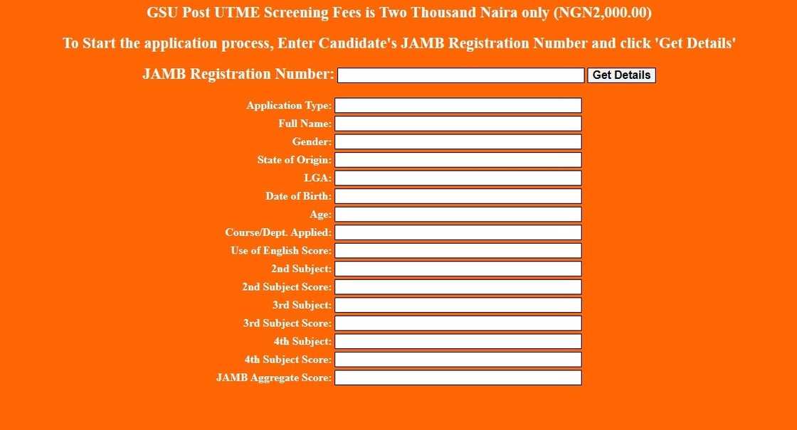 A screenshot of the Gombe State University application portal