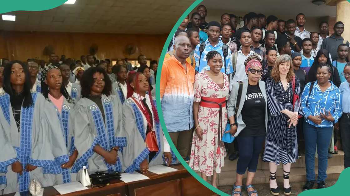 LASUSTECH students in grey academic dresses and students and staff welcoming visitors for a training LASUSTECH students in grey academic dresses and students and staff welcoming visitors for a training