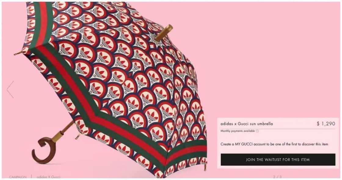 Gucci, Adidas launches KSh 150k sun umbrella. Gucci, Adidas launches KSh 150k sun umbrella.