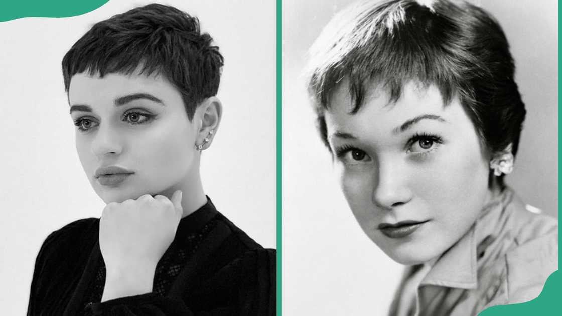 Two women showing their 1920s pixie cut hairstyles Two women showing their 1920s pixie cut hairstyles