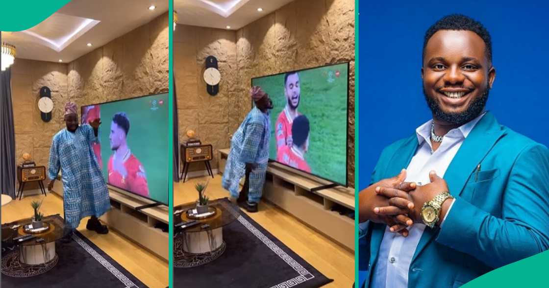 Sabinus celebrates Liverpool's win. Sabinus celebrates Liverpool's win.