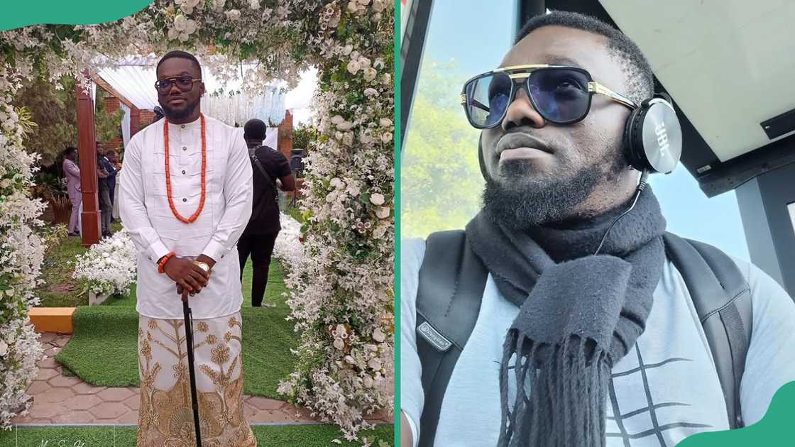 David Hundeyin attends a wedding (L). The investigative journalist looks on as he wears headphones (R) David Hundeyin attends a wedding (L). The investigative journalist looks on as he wears headphones (R)