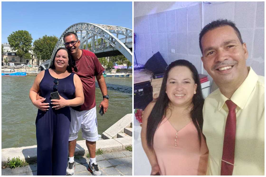 Rosa Rodrigues Braga and her husband, Ezekiel Braga pose for photos at different locations.