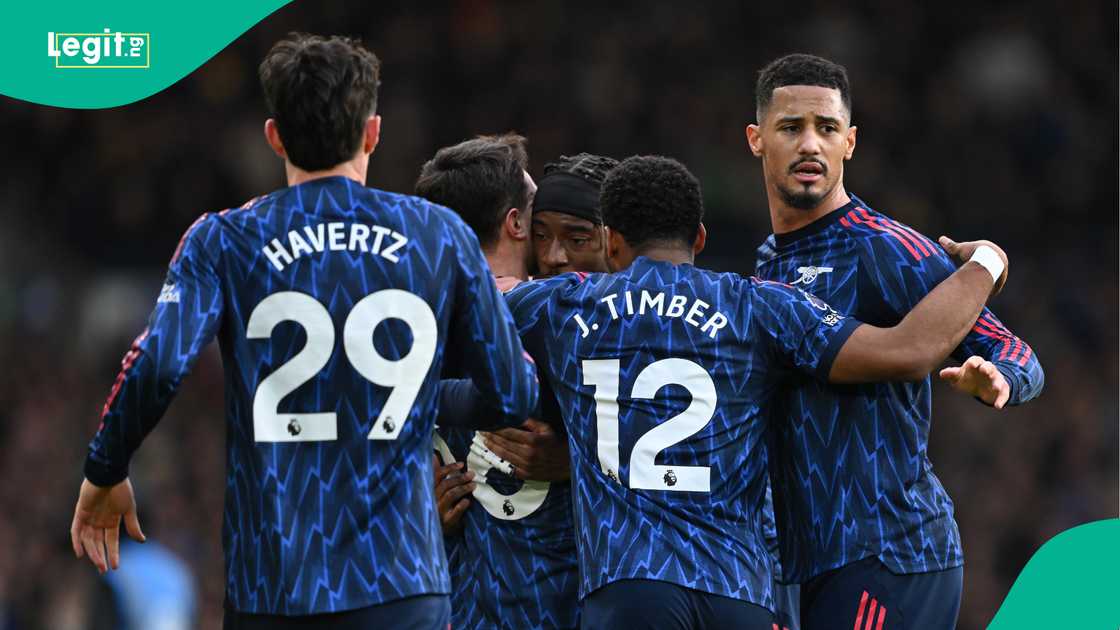 Kai Havertz, Jurrien Timber, William Saliba, Arsenal, Premier League, Leeds United. Kai Havertz, Jurrien Timber, William Saliba, Arsenal, Premier League, Leeds United.