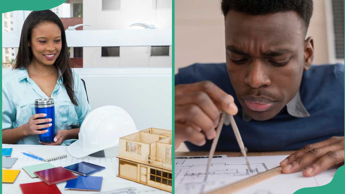 Architect working on a model and another drawing up a design