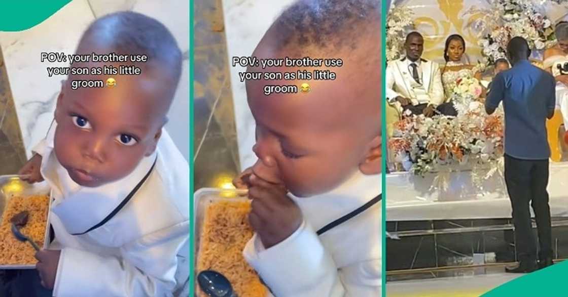 Little groom hides at the back of his mother's chair to eat rice during wedding. Little groom hides at the back of his mother's chair to eat rice during wedding.