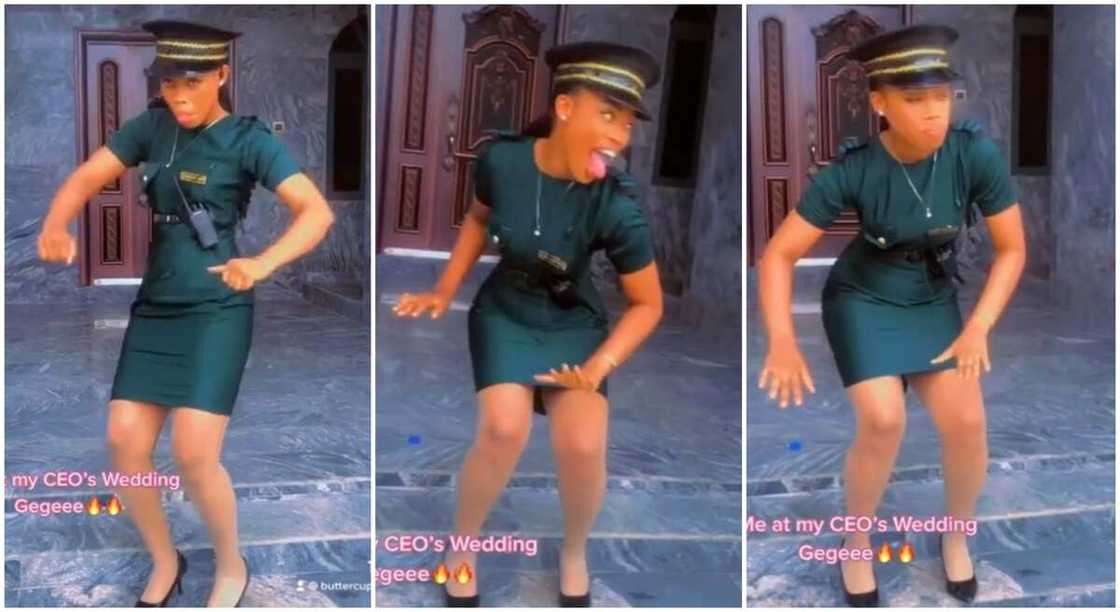 Nigerian lady in cute security dress dances Buga in viral video. Nigerian lady in cute security dress dances Buga in viral video.