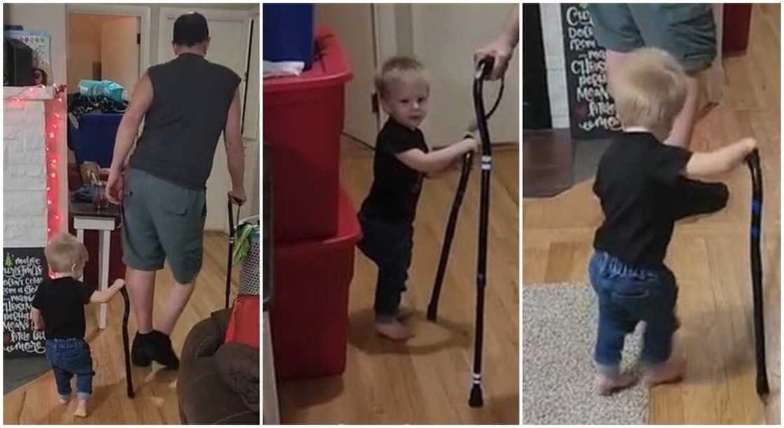 Photos of a boy walking like his grandfather. Photos of a boy walking like his grandfather.