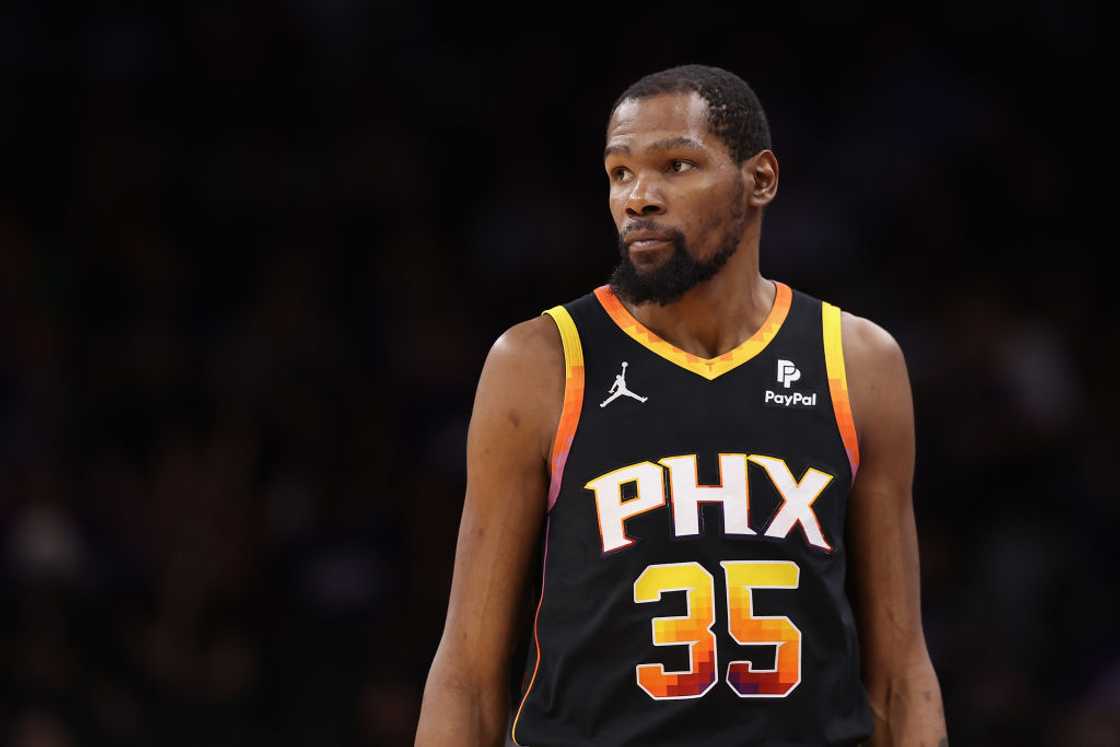 Kevin Durant reacts during the second half of game four of the Western Conference First Round Playoffs