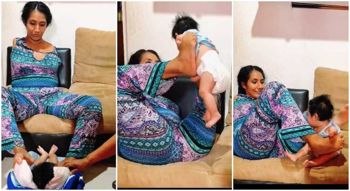 Gaby Monila performs her motherly functions like carrying the baby with her legs. Gaby Monila performs her motherly functions like carrying the baby with her legs.