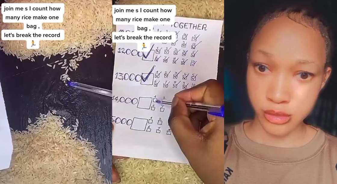 Photos of a Nigerian lady counting grains of rice.