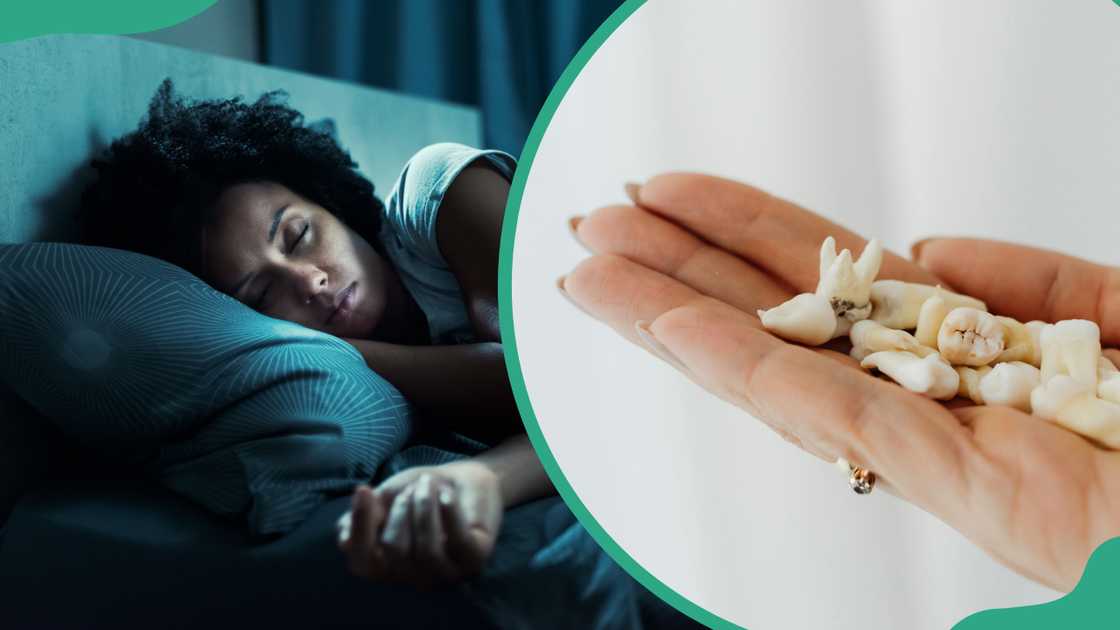 A woman sleeping in her bed at night (L). Person holding teeth in the palm of the hand (R) A woman sleeping in her bed at night (L). Person holding teeth in the palm of the hand (R)