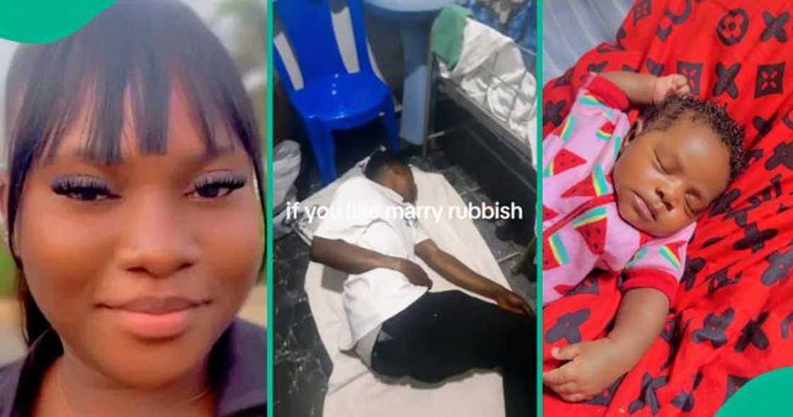 Supportive husband sleeps on the hospital floor after standing by his wife during labour. Supportive husband sleeps on the hospital floor after standing by his wife during labour.