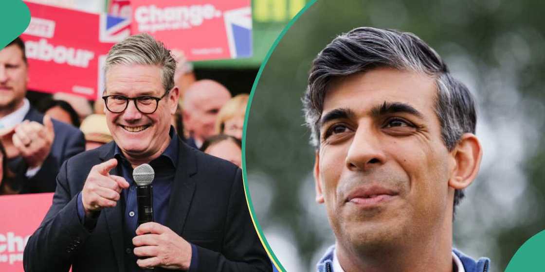 Conservatives' Sunak and Labour's Starmer in a contest during the UK 2024 elections Conservatives' Sunak and Labour's Starmer in a contest during the UK 2024 elections