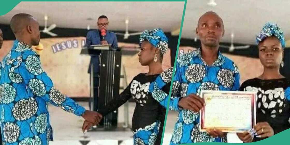 Nigerian couple wear matching native attires as they hold simple church wedding