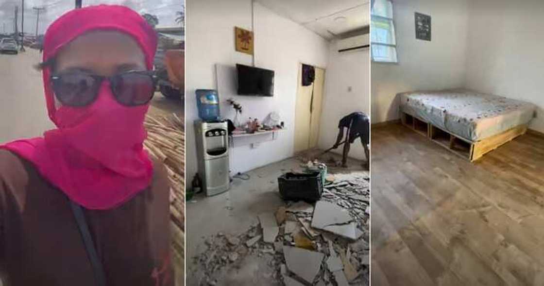 Lady changes floor tiles to carpet