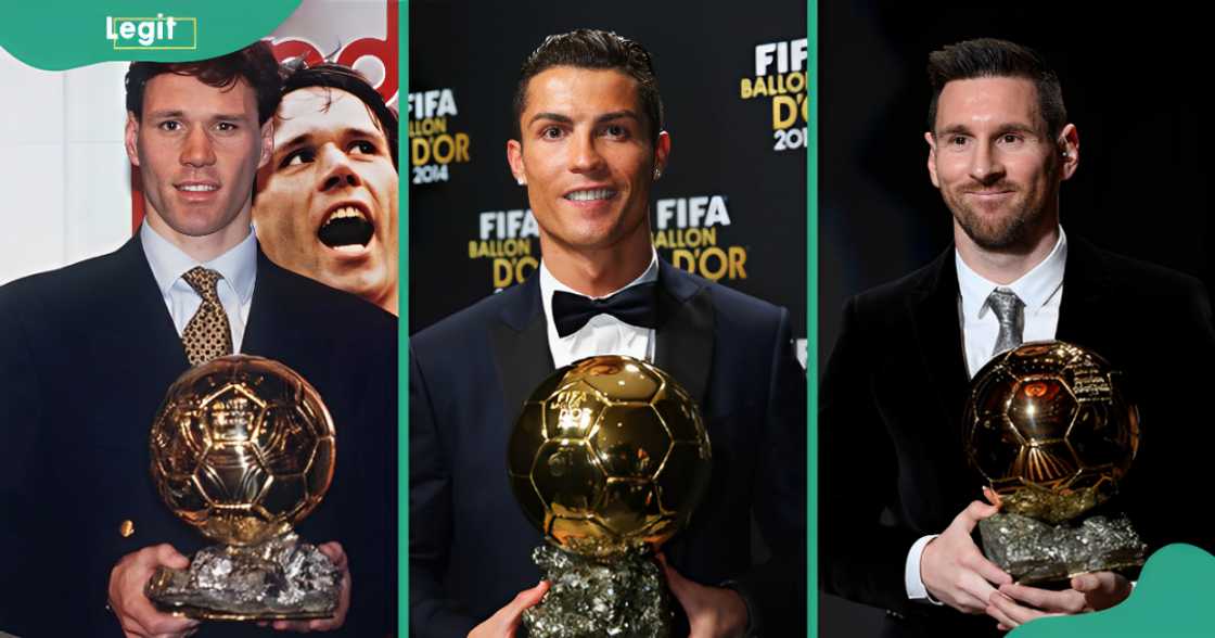 Marco Van Basten (L), Cristiano Ronaldo (C) and Lionel Messi (R).