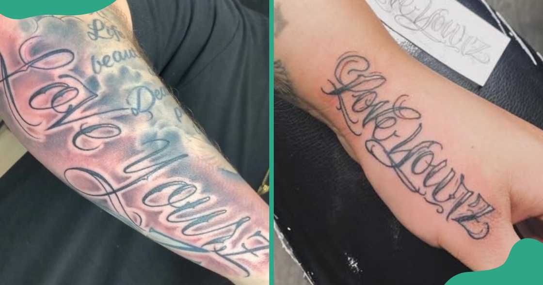 Black and grey tattoo designs on the arm and hand.