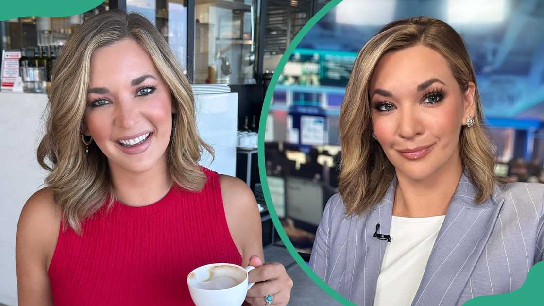 Katie Pavlich enjoys a cup of coffee in a red sleeveless top and in a striped grey suit Katie Pavlich enjoys a cup of coffee in a red sleeveless top and in a striped grey suit