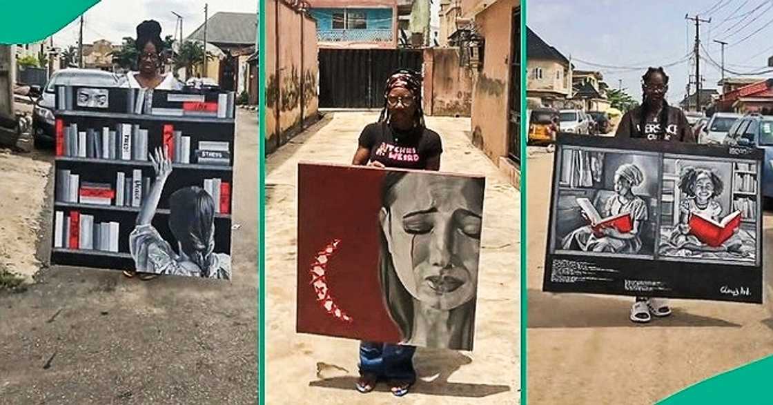 Female artist shows off her artworks Female artist shows off her artworks