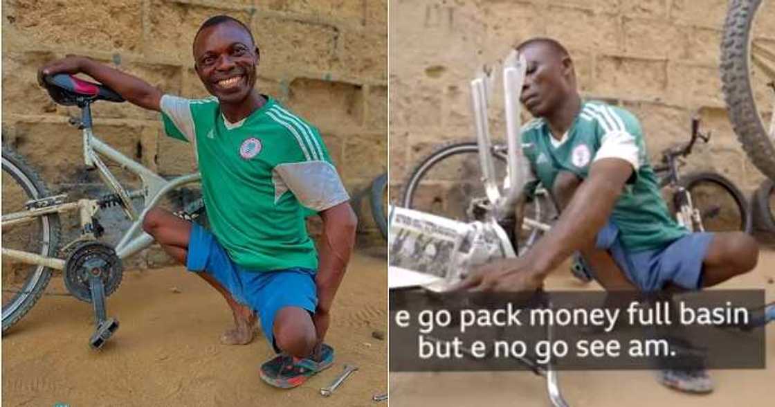 Physically challenged man, repair bicycles Physically challenged man, repair bicycles