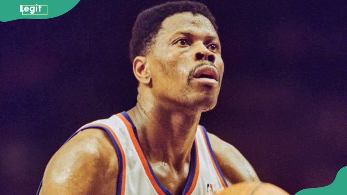 Patrick Ewing prepares to shoot a free throw during the NBA Atlantic Division basketball game