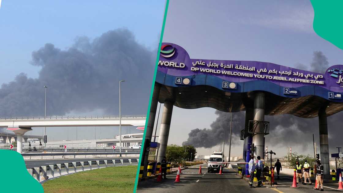 Damaged buildings and smoke rising in Dubai after Iranian retaliatory strikes hit Dubai’s busy international airport, the sail‑shaped Burj Al Arab hotel, and parts of the Palm Jumeirah island, as regional tensions escalate.