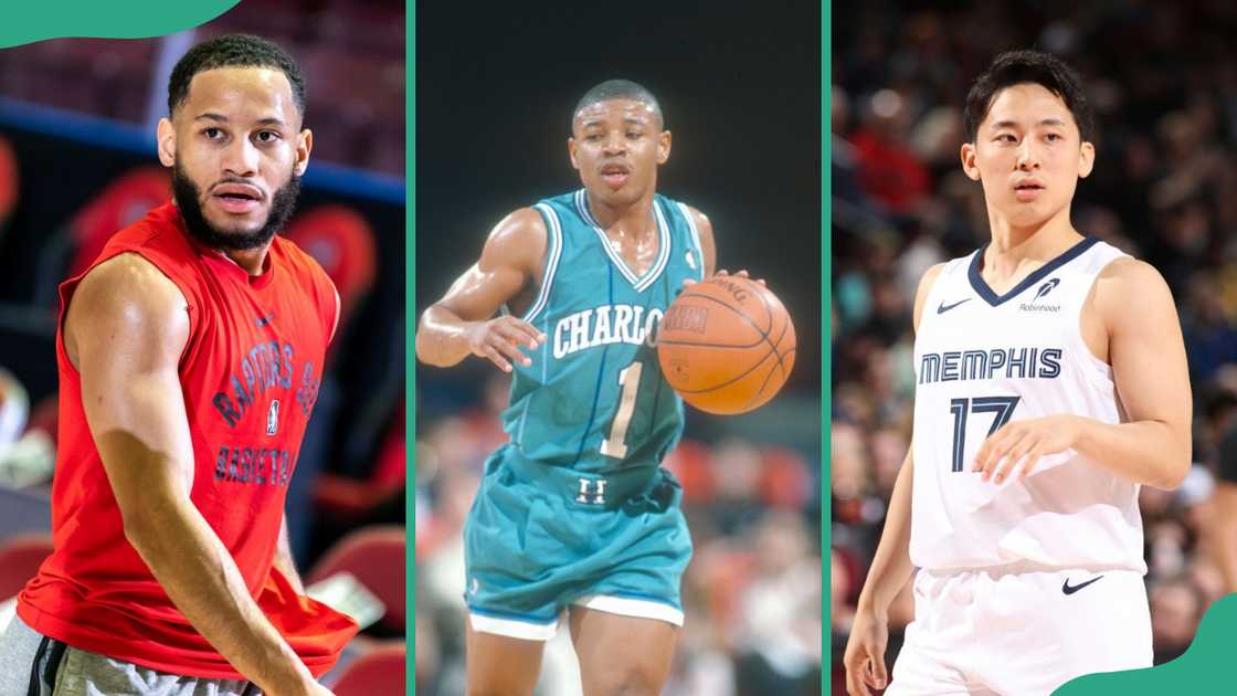 Basketball players Markquis Nowell (L), Muggsy Bogues (C), Yuki Kawamura (R)