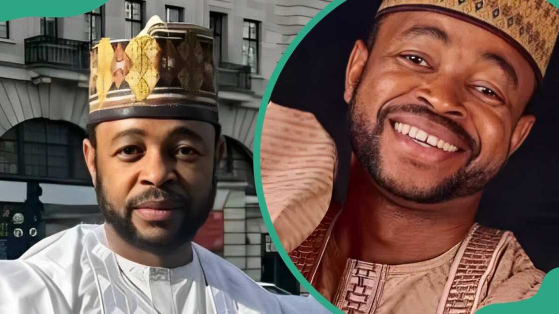 Sani Musa Danja in a white outfit (L) and a light brown outfit (R)