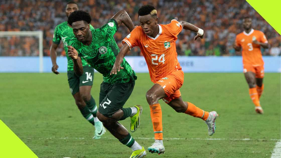 Ola Aina, Simon Adingra, Super Eagles, Nigeria, AFCON 2023, Stade Olympic Alassane Ouatarra, Abidjan, Ivory Coast, February 11, 2024. Ola Aina, Simon Adingra, Super Eagles, Nigeria, AFCON 2023, Stade Olympic Alassane Ouatarra, Abidjan, Ivory Coast, February 11, 2024.