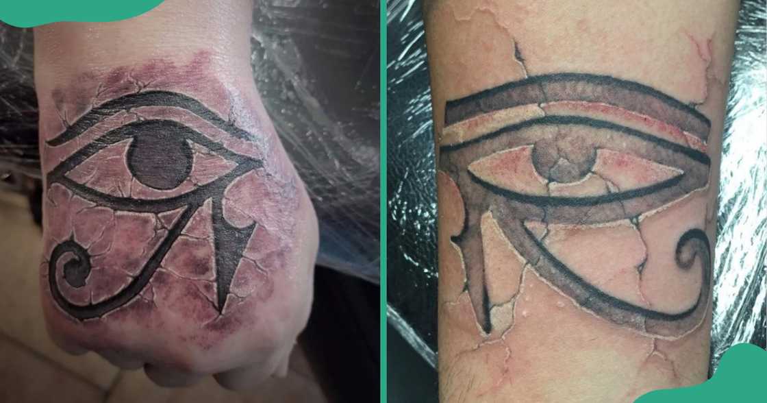 Cracked Eye of Horus tattoos on the hands. Cracked Eye of Horus tattoos on the hands.
