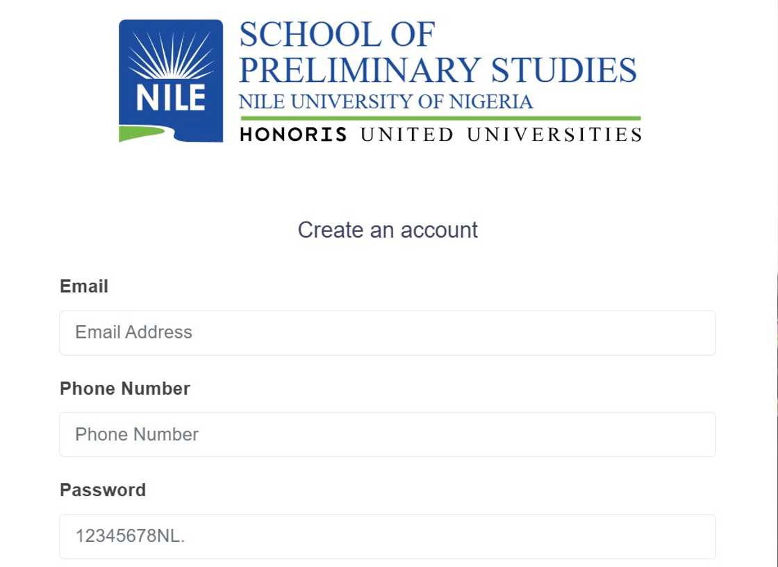 A screenshot of Nile University application portal A screenshot of Nile University application portal