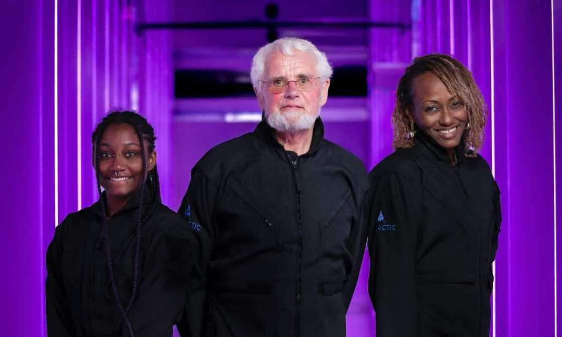 The three passengers for Virgin Galactic's first private space tourism flight: (L-R) Anastatia Mayers, 18, Jon Goodwin, 80, and Keisha Schahaff, 46 The three passengers for Virgin Galactic's first private space tourism flight: (L-R) Anastatia Mayers, 18, Jon Goodwin, 80, and Keisha Schahaff, 46