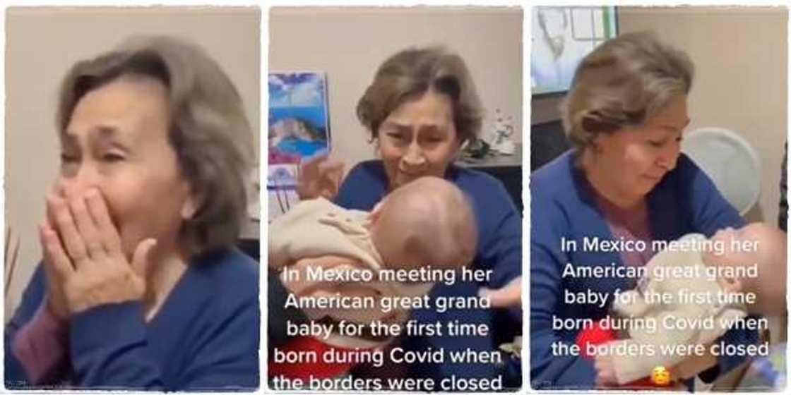 A woman was seen behaving so excited after seeing her great-grandchild for the first time after Covid-19 restrictions A woman was seen behaving so excited after seeing her great-grandchild for the first time after Covid-19 restrictions