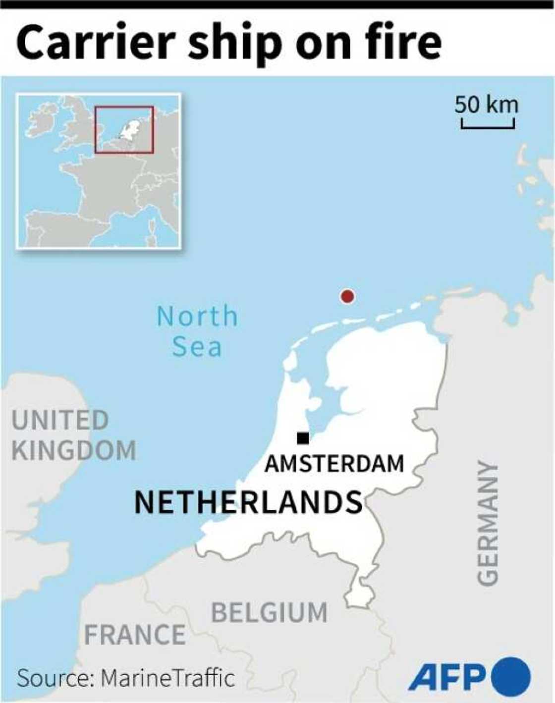 A carrier ship on fire off the coast of the Netherlands A carrier ship on fire off the coast of the Netherlands