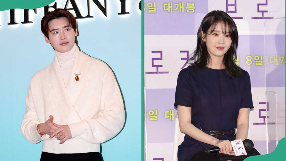 South Korean actor Lee Jong-Suk at Lotte World Mall in Seoul, South Korea (L). South Korean actress and singer IU, aka Lee Ji-Eun, at Yongsan CGV in Seoul, South Korea (R) South Korean actor Lee Jong-Suk at Lotte World Mall in Seoul, South Korea (L). South Korean actress and singer IU, aka Lee Ji-Eun, at Yongsan CGV in Seoul, South Korea (R)