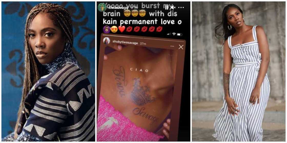 Singer Tiwa Savage reacts as fan tattoos her name on her chest