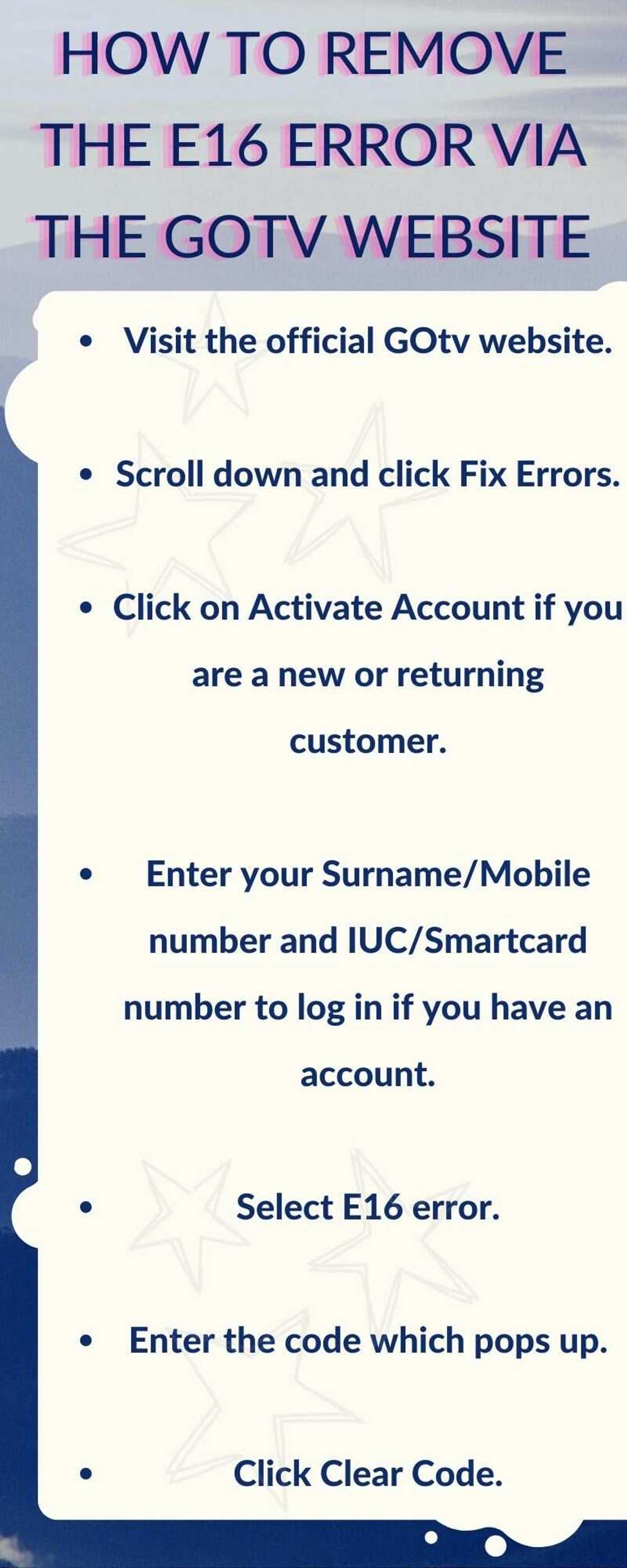 How to clear E16 error on GOtv and DStv in Nigeria How to clear E16 error on GOtv and DStv in Nigeria