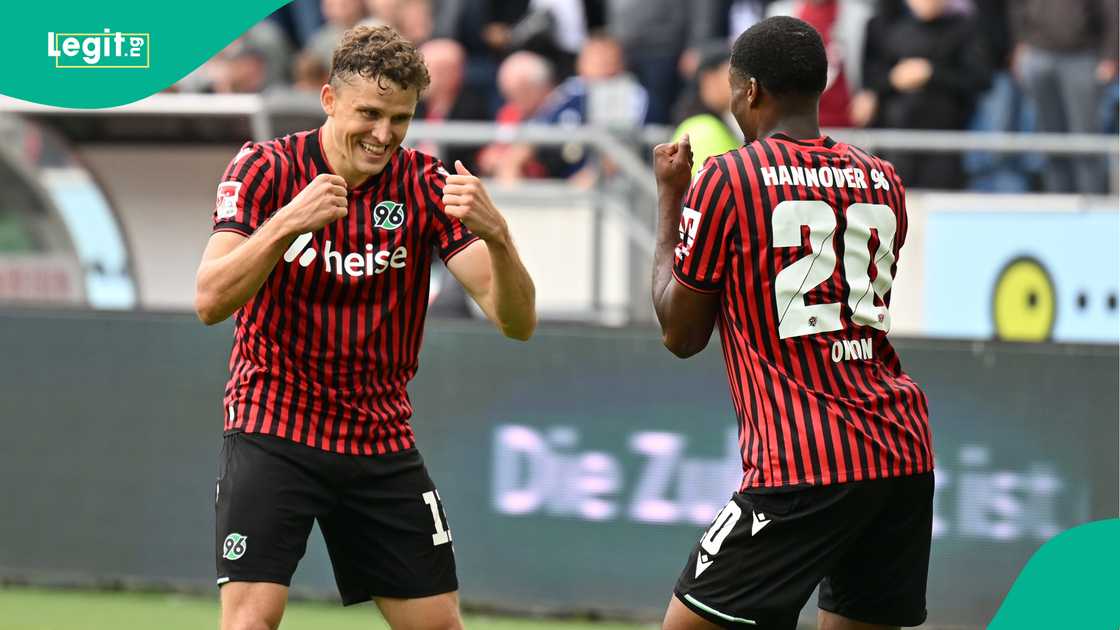 Ime Okon, Hannover 96, Germany, Bundesliga, Okon celebrates goal for Hannover. Ime Okon, Hannover 96, Germany, Bundesliga, Okon celebrates goal for Hannover.