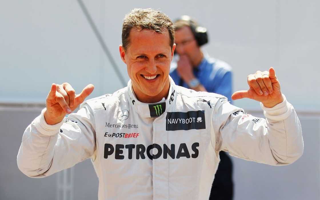 Michael Schumacher pictured gesturing in the grid. Michael Schumacher pictured gesturing in the grid.