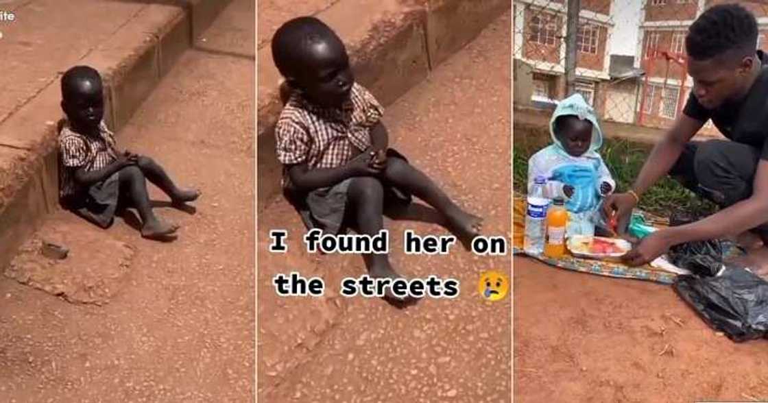 Man helps little girl by the roadside Man helps little girl by the roadside