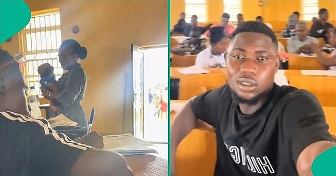 A caring female lecturer carries a student's baby while teaching in a class in a viral TikTok video. A caring female lecturer carries a student's baby while teaching in a class in a viral TikTok video.